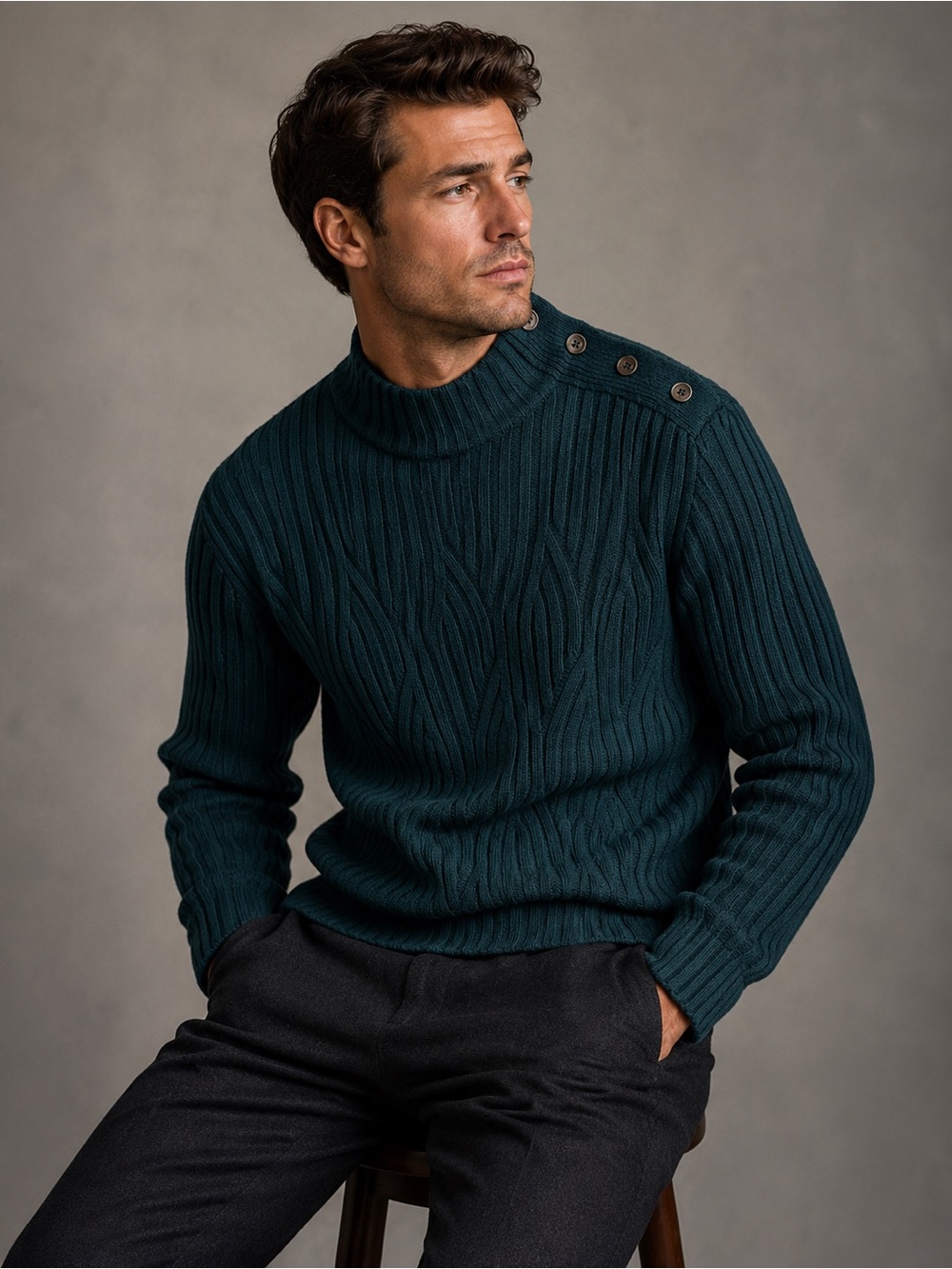 Basso Size L Dark Teal Cable Knit Mock Neck Button Shoulder Sweater